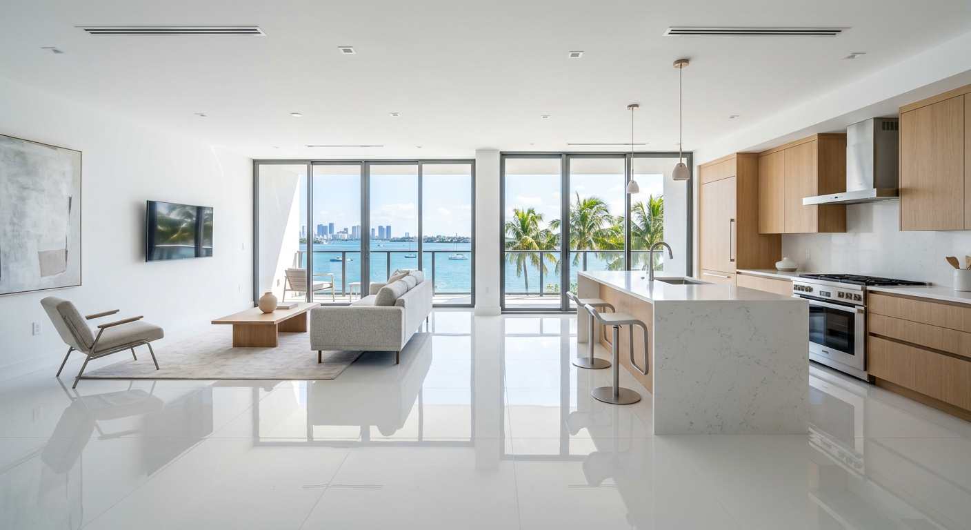 Newly renovated modern Miami condo with polished floors and spotless kitchen